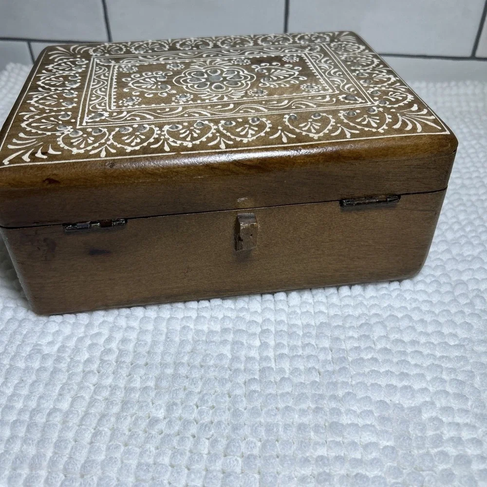 Teak Wood Hand Painted Box Embellished Approx 9.5x7.5x4.5 inches